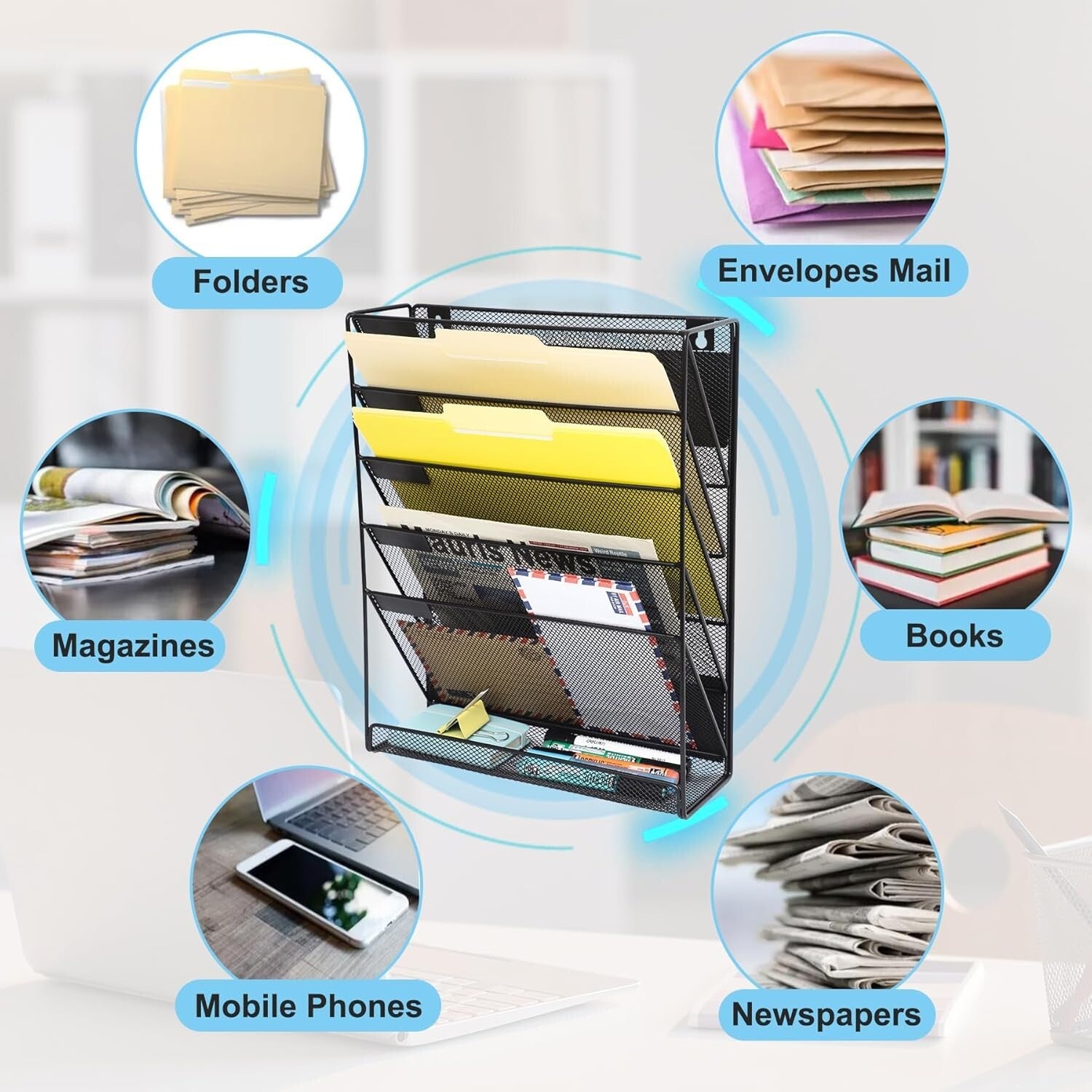 6-Tier Magnetic Wall-Mounted File Organizer - Stylish Black & Space-Saving