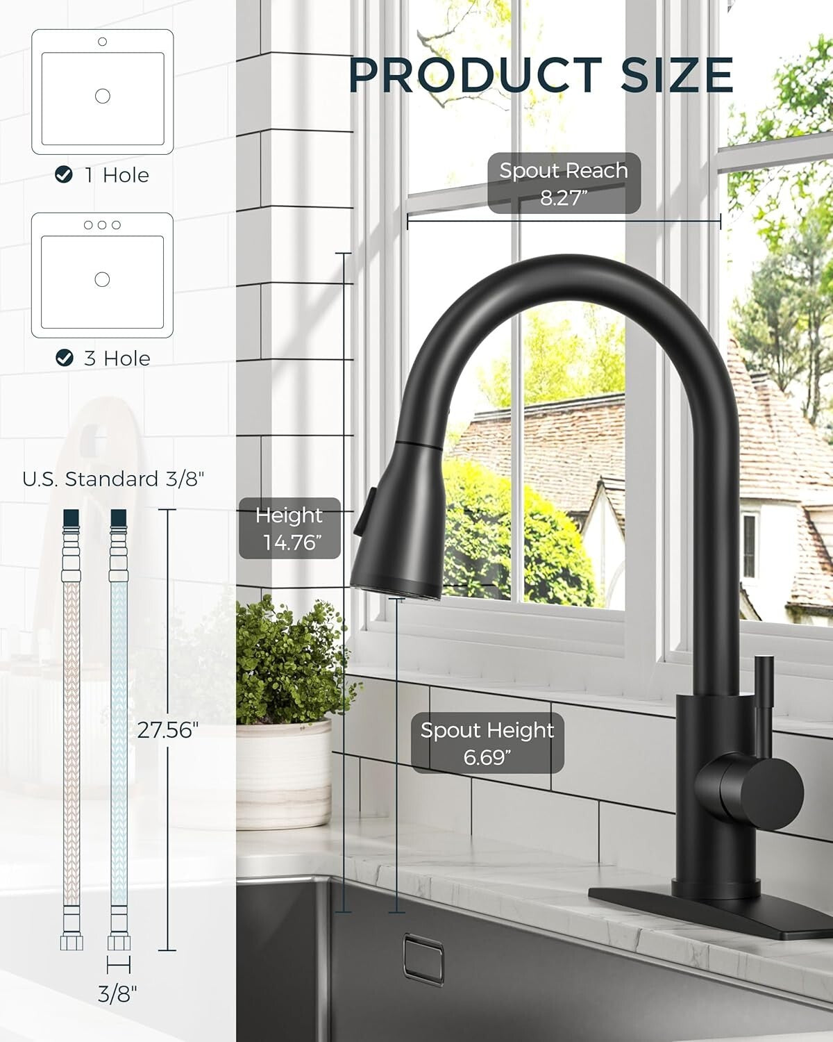 Farmhouse Style Matte Black Kitchen Faucet with Pull Down Sprayer & LED Features
