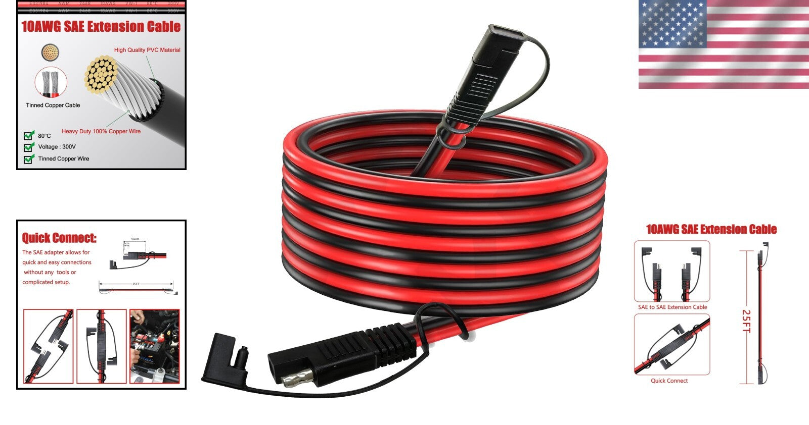 Durable 25FT SAE Plug-and-Play Extension Cable - Ideal for Solar & Automotive