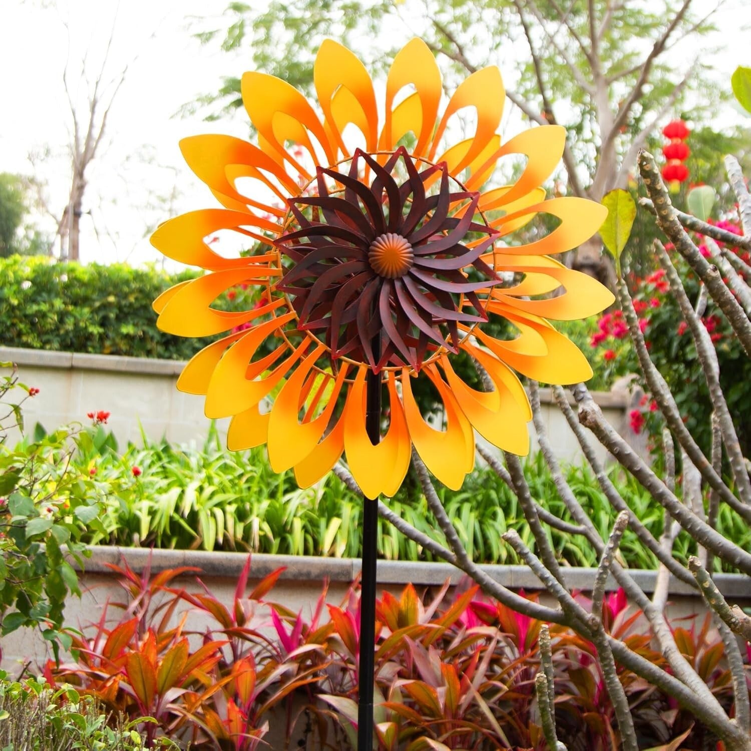 Large 76" Metal Sunflower Pinwheel with Double-Sided Fans for Outdoor Spaces