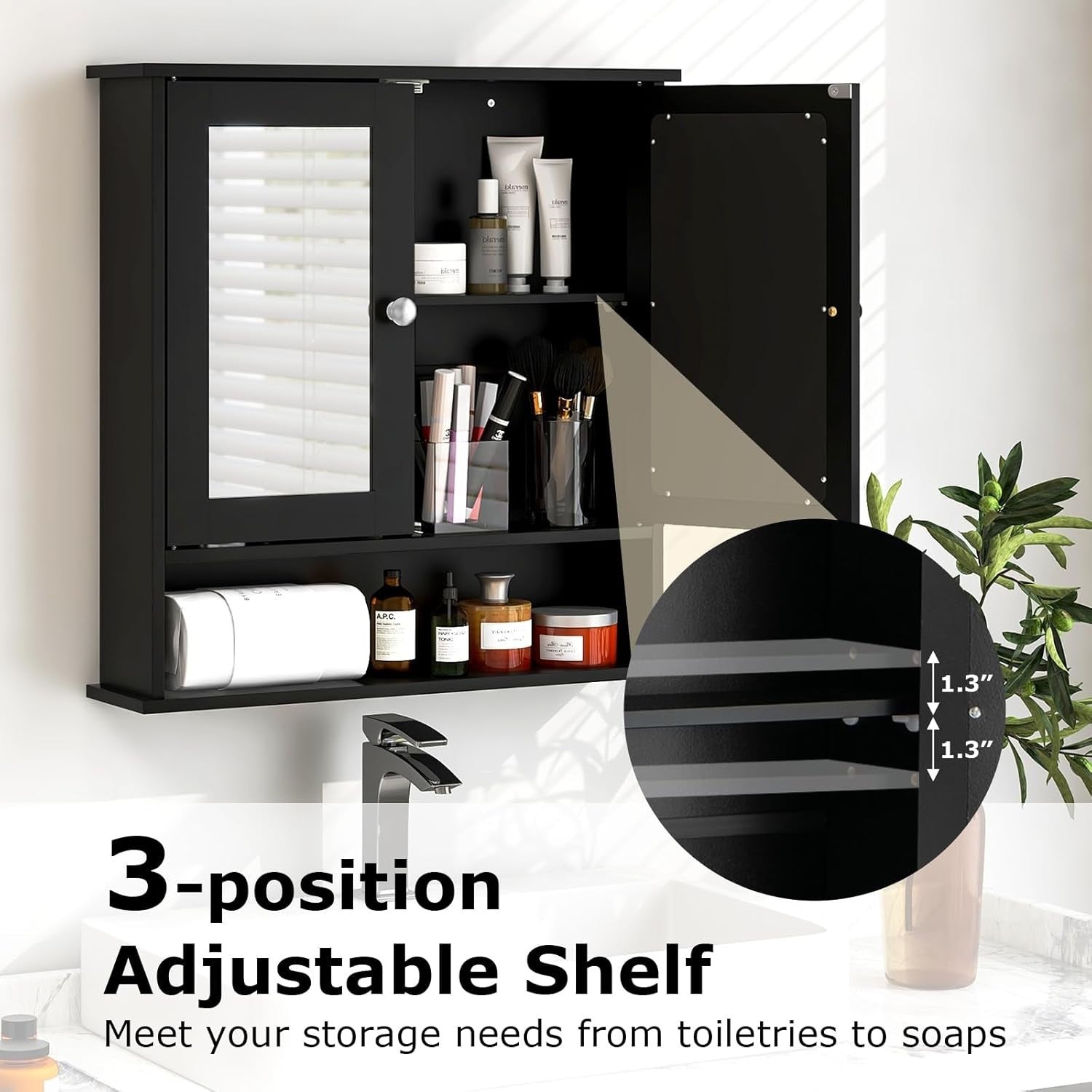 Black Wooden Bathroom Organizer with Double Mirror Doors - Space-Saving Design