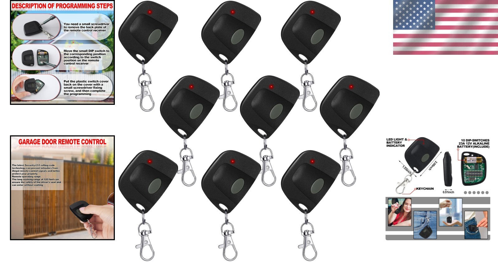 9-Pack Garage Door Remote Compatible with Linear Multicode 300MHz - Ergonomic