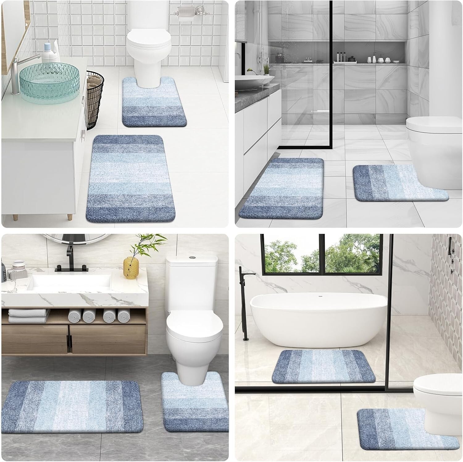 Fluffy High Pile Blue Bathroom Rug Set, Quick Dry & Machine Washable - 3 Pieces