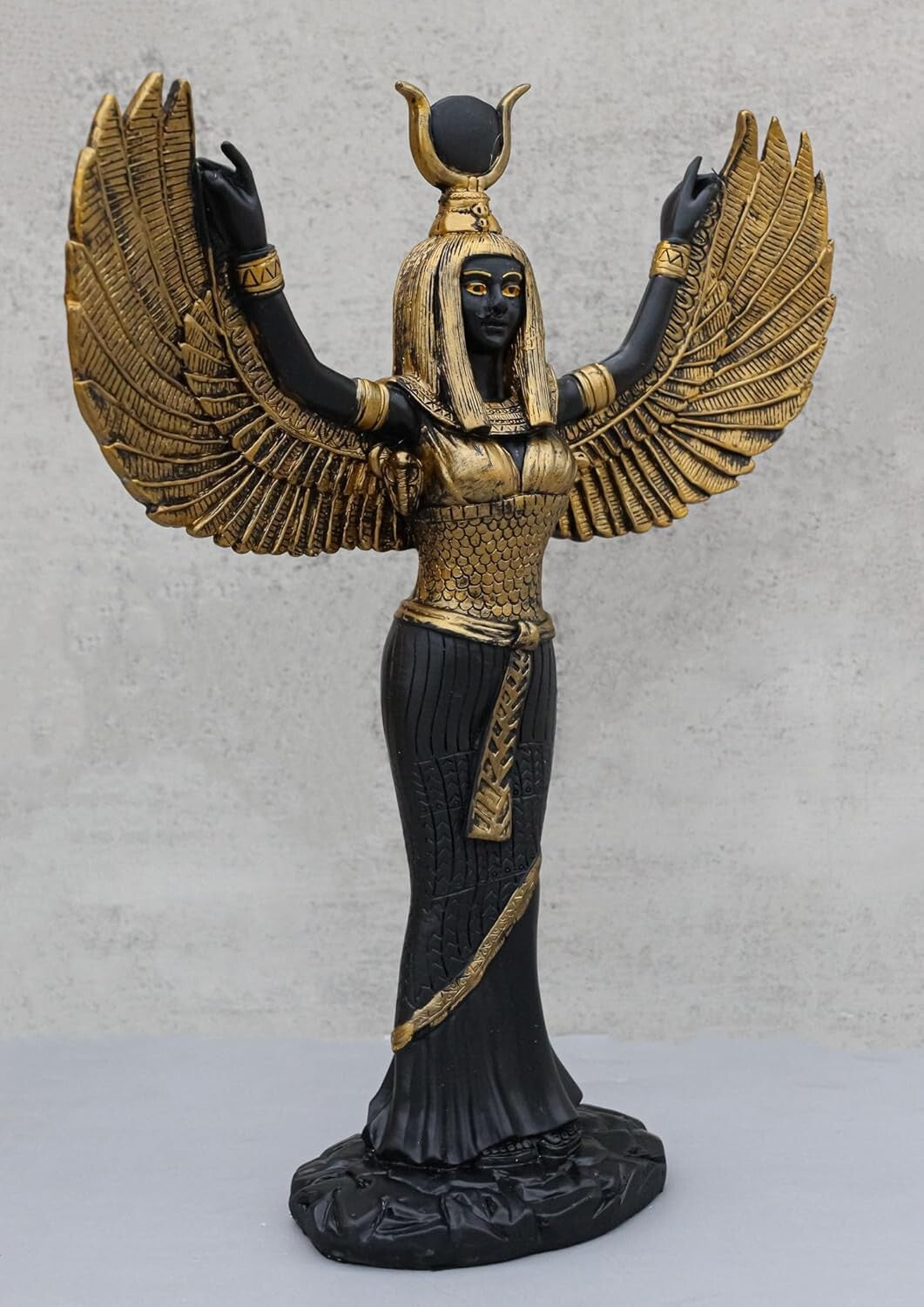 Handcrafted Isis Goddess Statue - 12" Open Wings Decor in Elegant Black & Gold