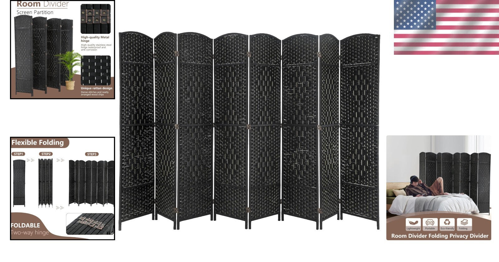 Elegant 8-Panel Room Divider - 6 Ft Black Portable Privacy Screen for Indoor Use