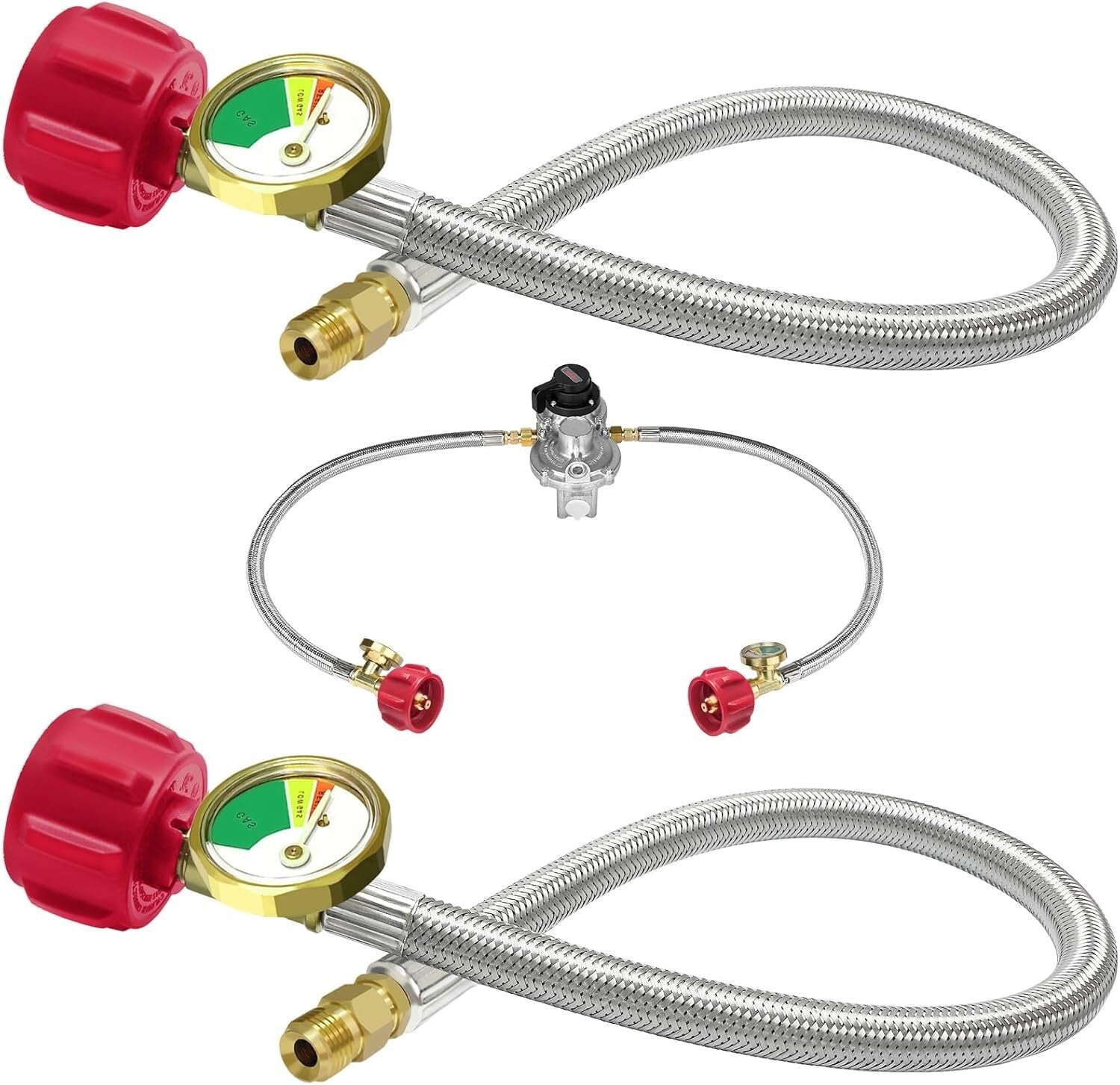 Efficient RV Propane Regulator with No-Interrupt Changeover & 18" Braided Hoses
