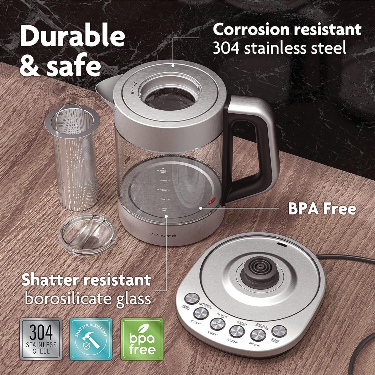 1.5L Cordless Electric Kettle with Infuser & Automatic Shut-Off for Safe Brewing