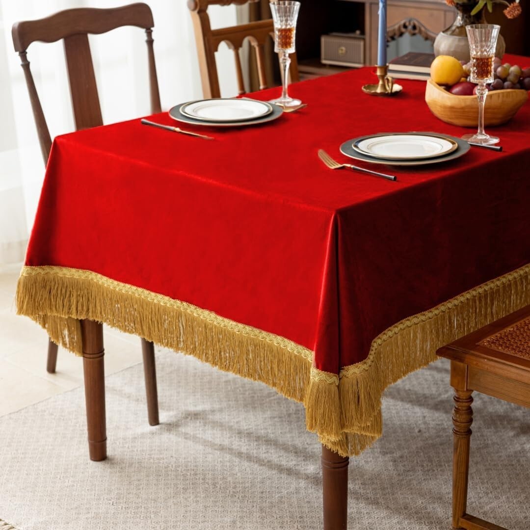 Elegant 60x120-Inch Red Velvet Tablecloth with Gold Tassel for Luxurious Dining