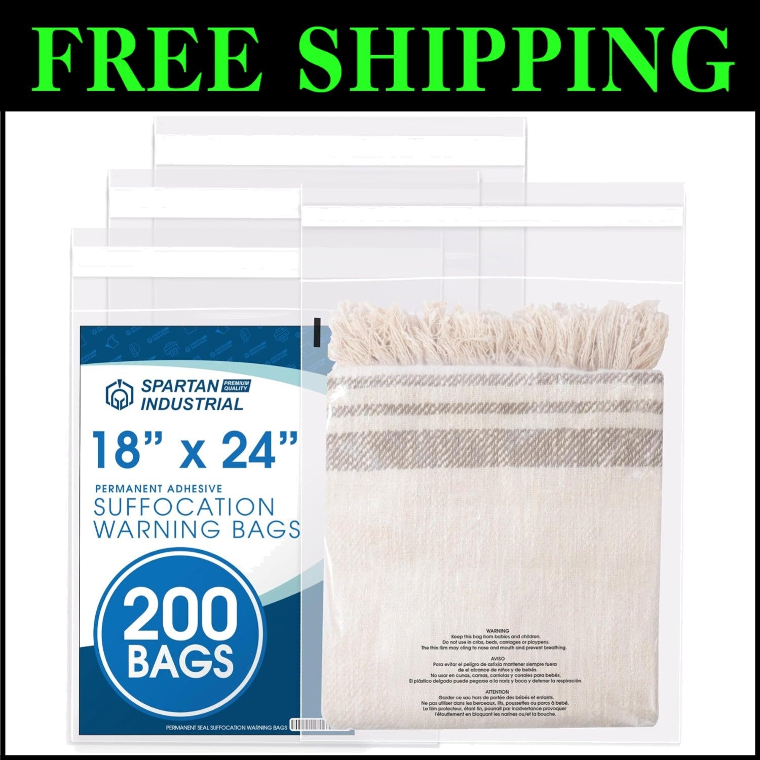 Efficient Self-Seal Clear Bags with Suffocation Warning - 200 Count - 18”x24”