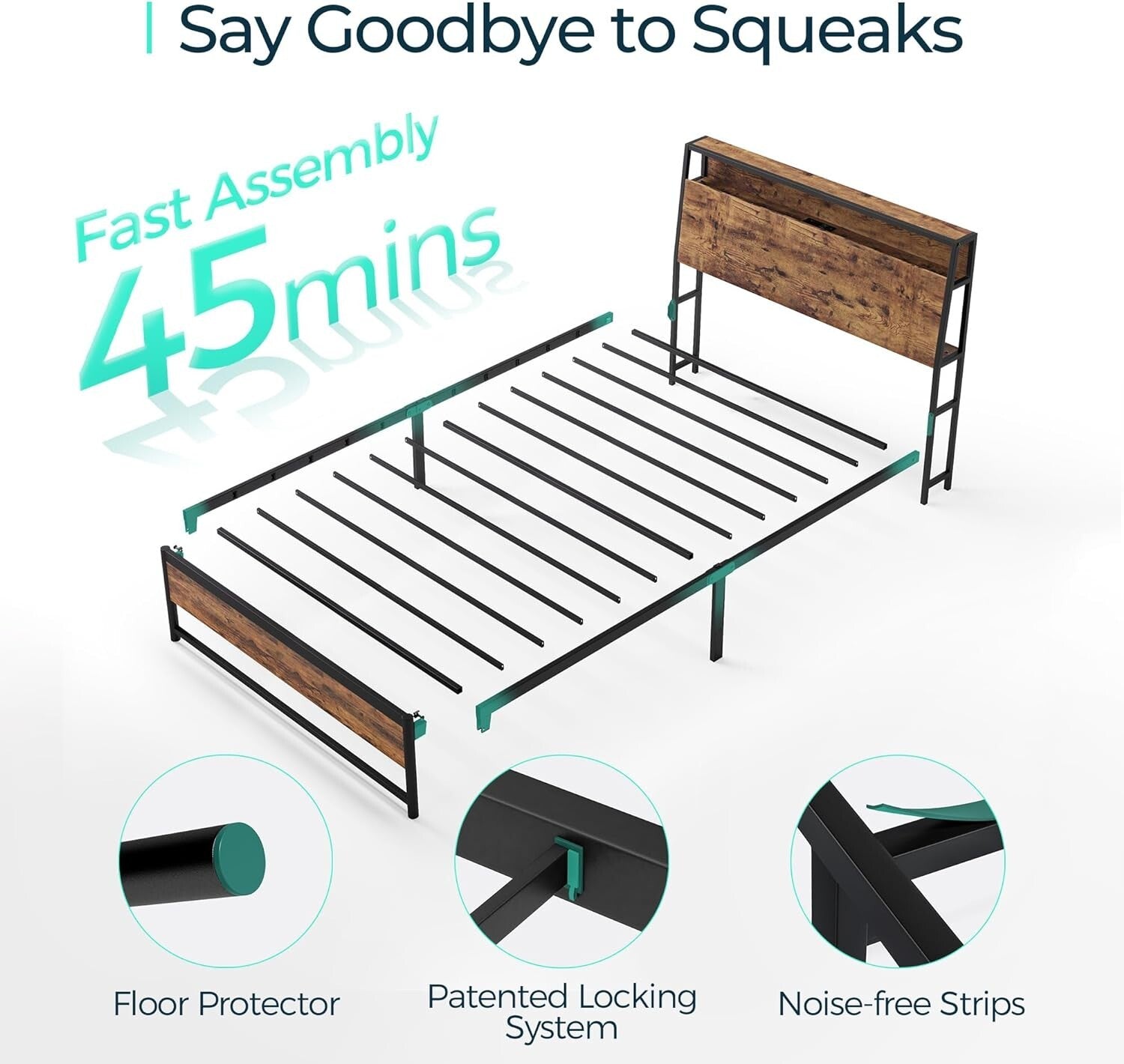 Heavy-Duty Twin Bed Frame with Stylish Ergonomic Headboard & Under-Bed Storage