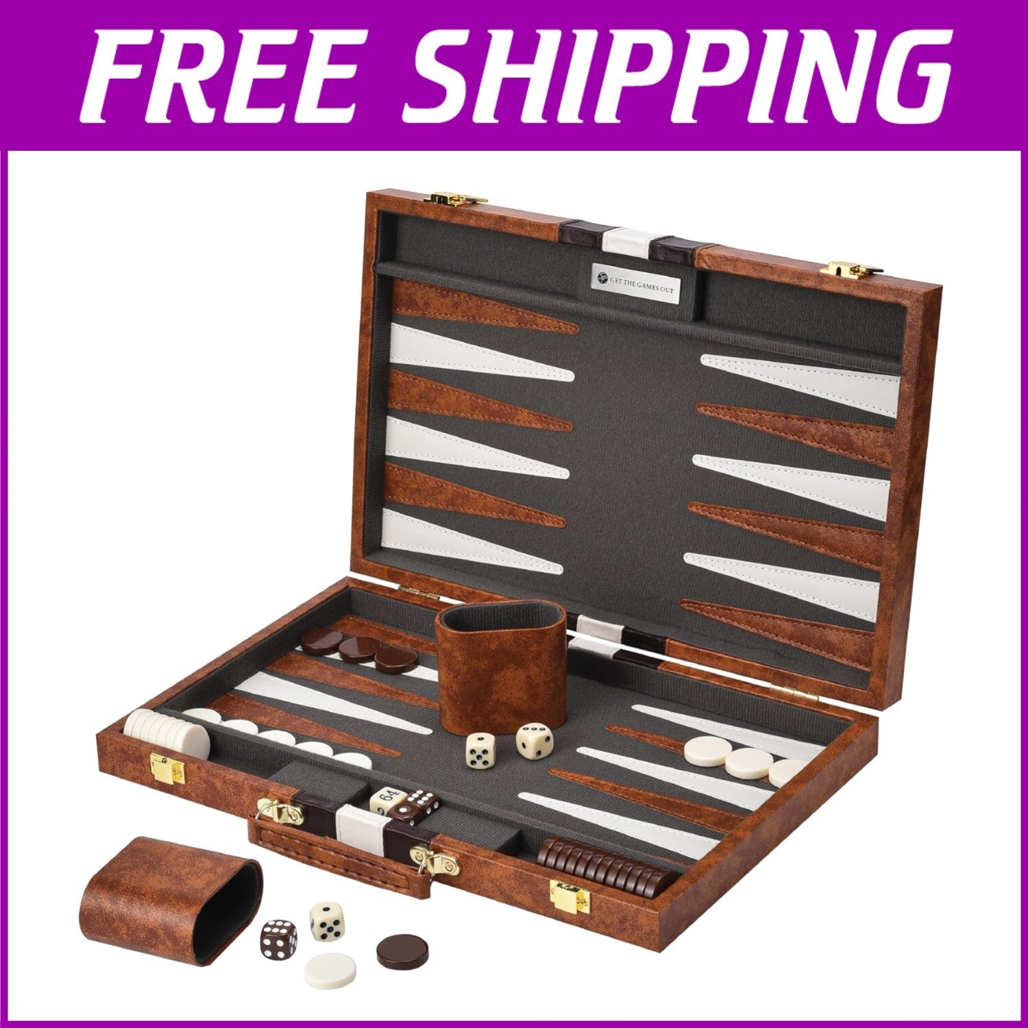 Compact Backgammon Set with Spare Chips – Travel-Ready Brown Leatherette Case