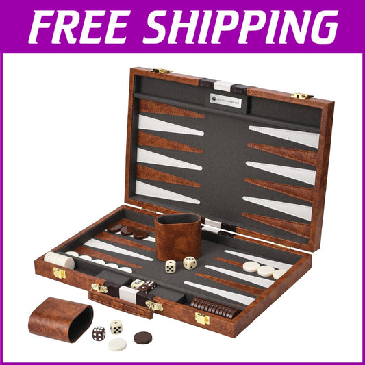 Compact Backgammon Set with Spare Chips – Travel-Ready Brown Leatherette Case