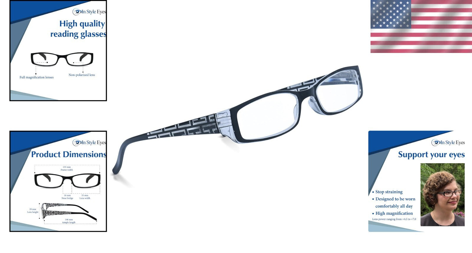 Stylish High Magnification Reading Glasses with Grecian Key Design - 7.0X