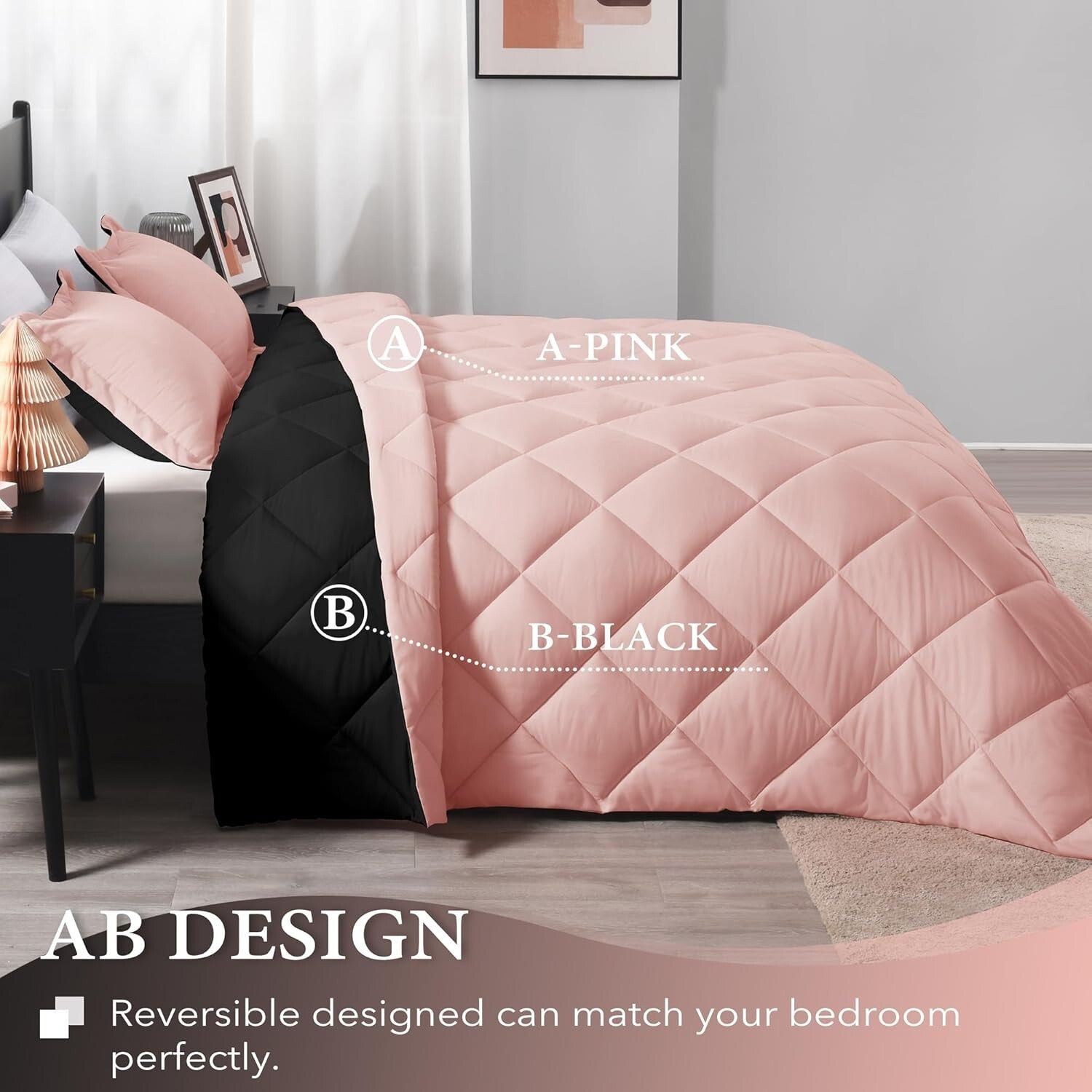 Stylish All-Season 3-Piece King Comforter Set - Pink & Black Reversible Design