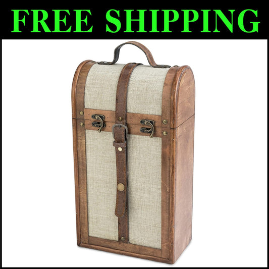 Customizable Vintage Trunk Wine Gift Box with Brass Buckles - Holds 2 Bottles