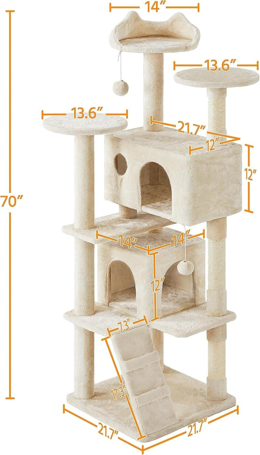 Durable 70in Cat Tree for Indoor Cats with Scratching Posts & Fun Accessories