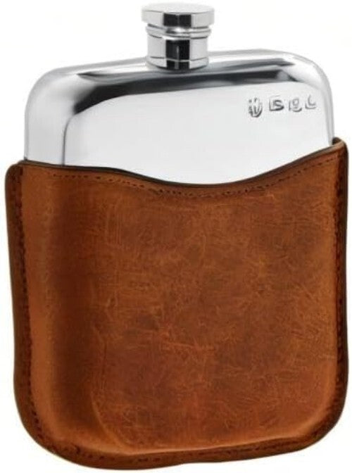 Luxury 6oz Pewter Hip Flask with Genuine Leather Pouch - Sheffield Craftsmanship