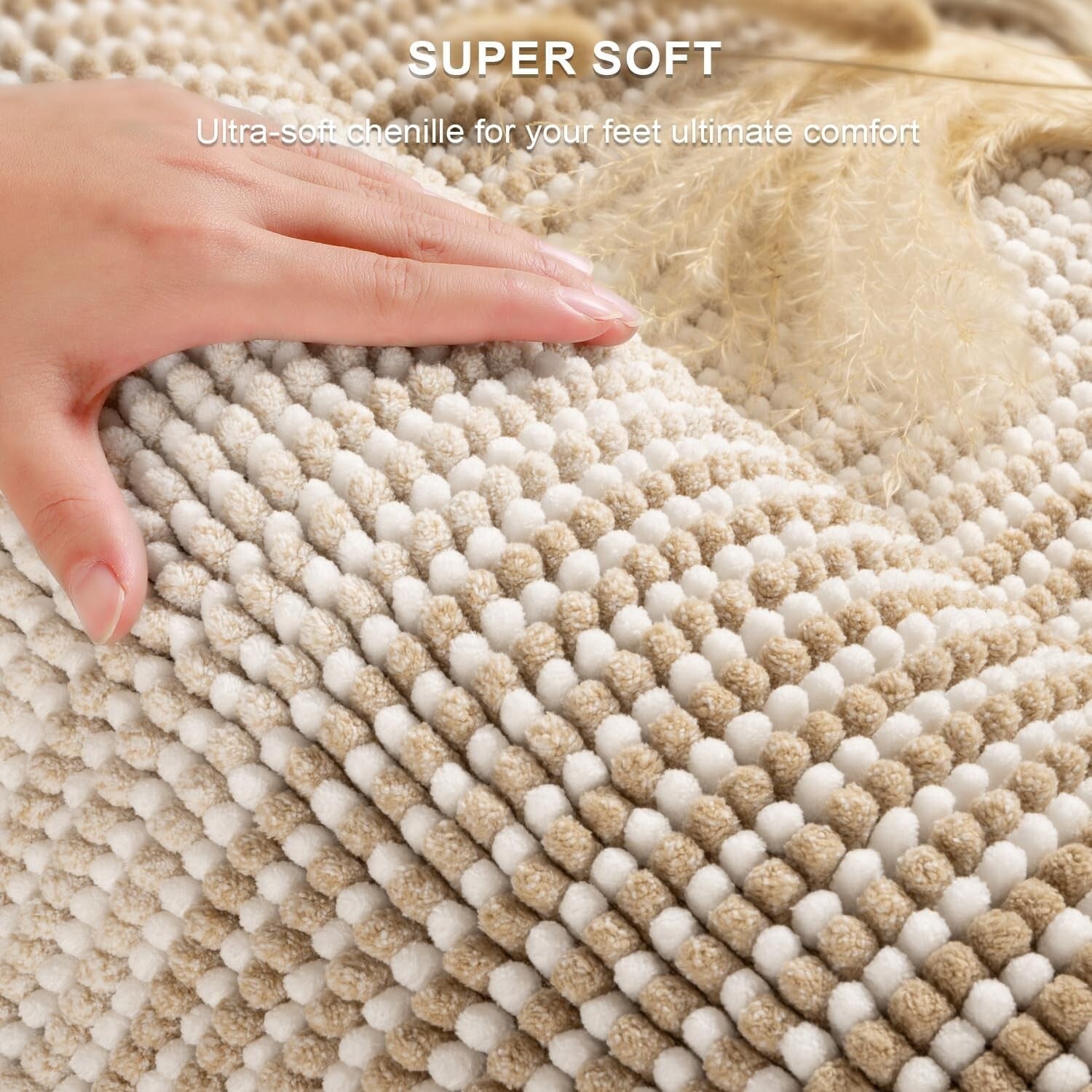 Thick Chenille Bath Mat Set in Beige - Non-Slip & Quick-Drying (20" x 60")