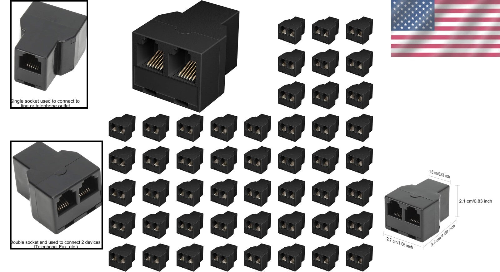50 Pack RJ12 6P6C Female-to-Female Telephone Line Splitters - Clear Connection