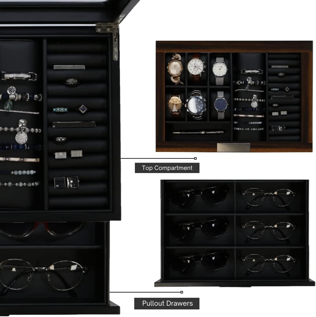 Premium Jewelry and Sunglasses Box with Magnetic Closure - 12 Compartment Design
