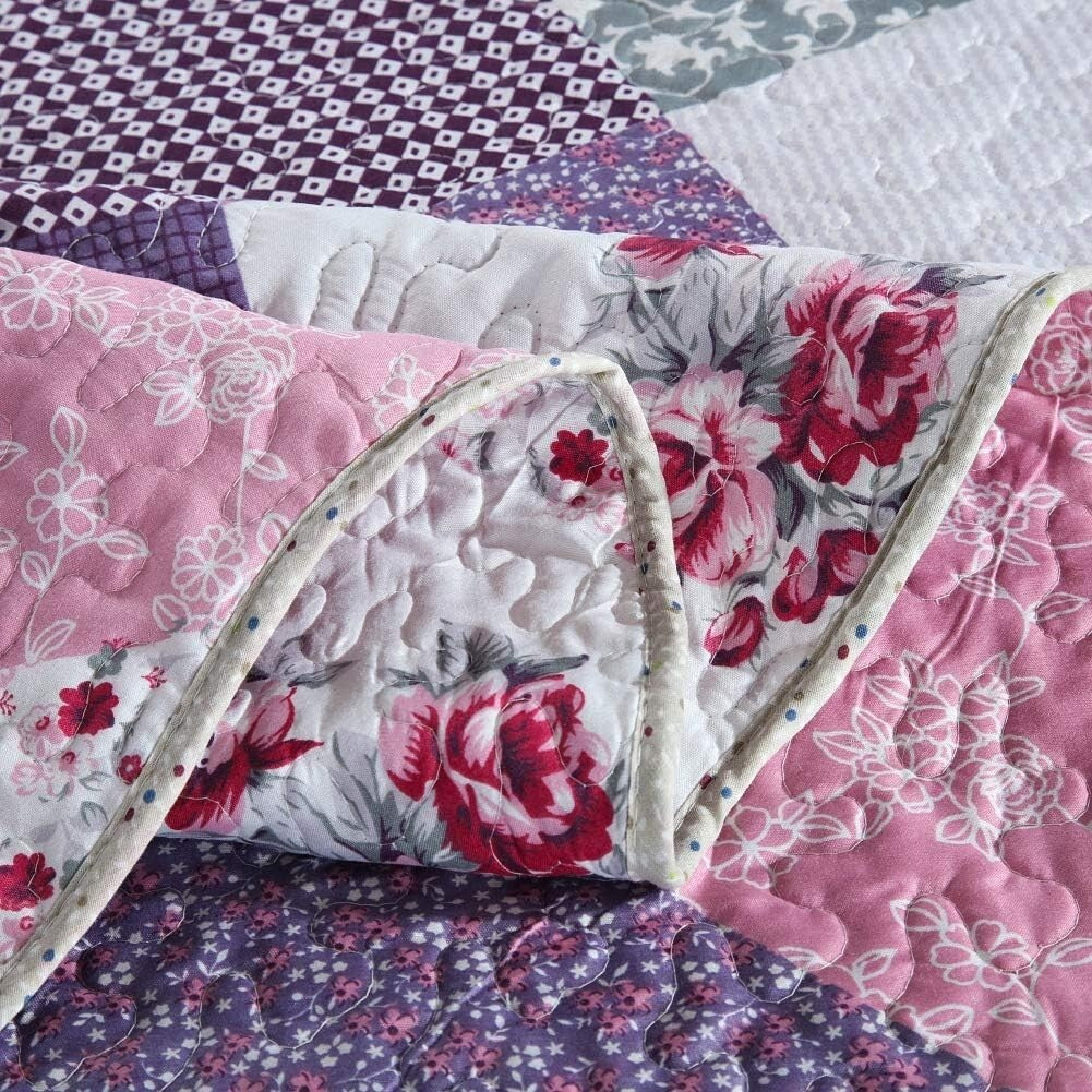 Soft Microfiber Queen Bedspread - Reversible Floral Patchwork Design, 3-Piece