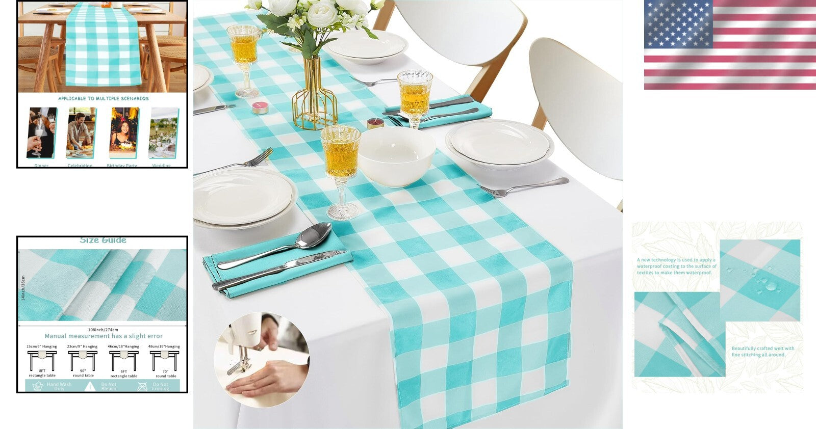 Versatile Aqua Checkered Table Runners - 12-Pack, Ideal for Dining & Weddings