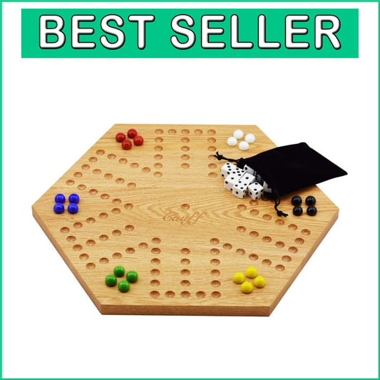 Double-Sided Marbles Game with Dice & Storage Bag - 4-6 Players - Oak Board