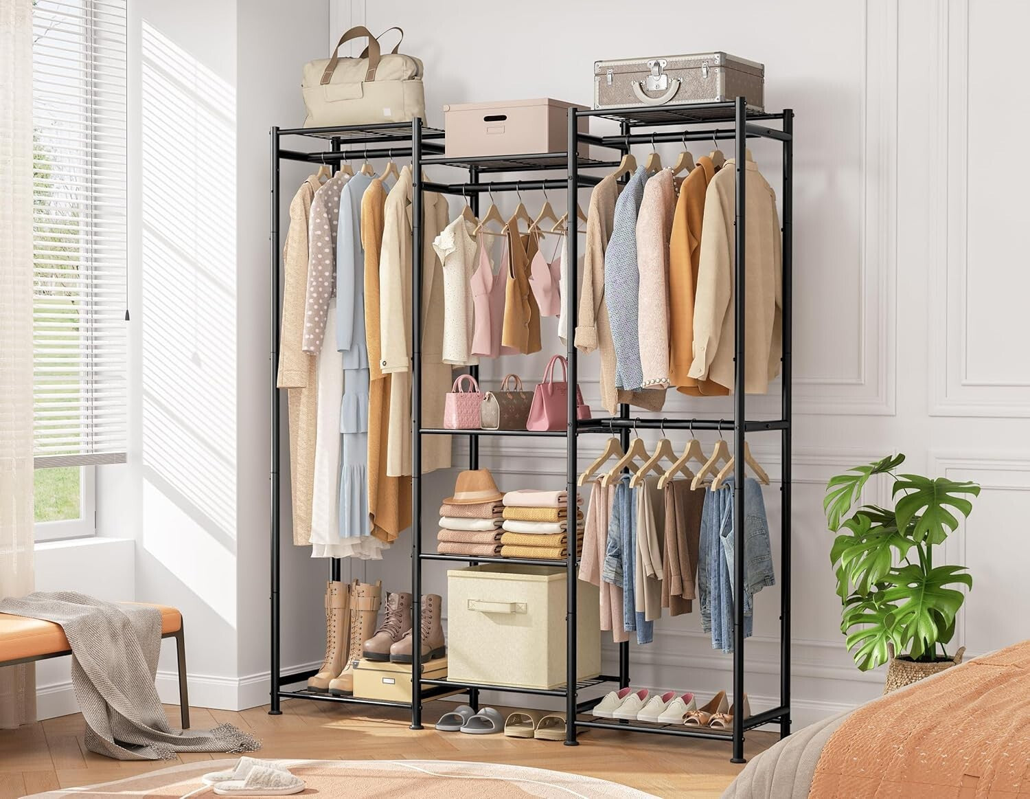Large Portable Wardrobe with 4 Hanging Spaces & 8 Shelves - Stylish Organization