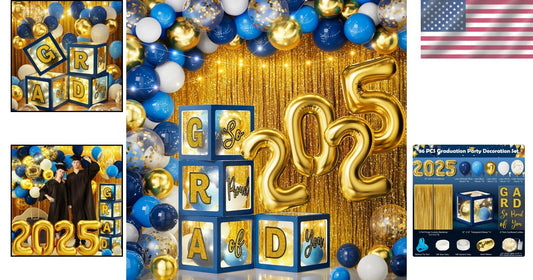 Blue Gold Graduation Party Essentials - 86 PCS LED Lights, Balloons & Backdrop