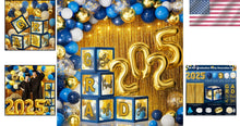 Load image into Gallery viewer, Blue Gold Graduation Party Essentials - 86 PCS LED Lights, Balloons &amp; Backdrop