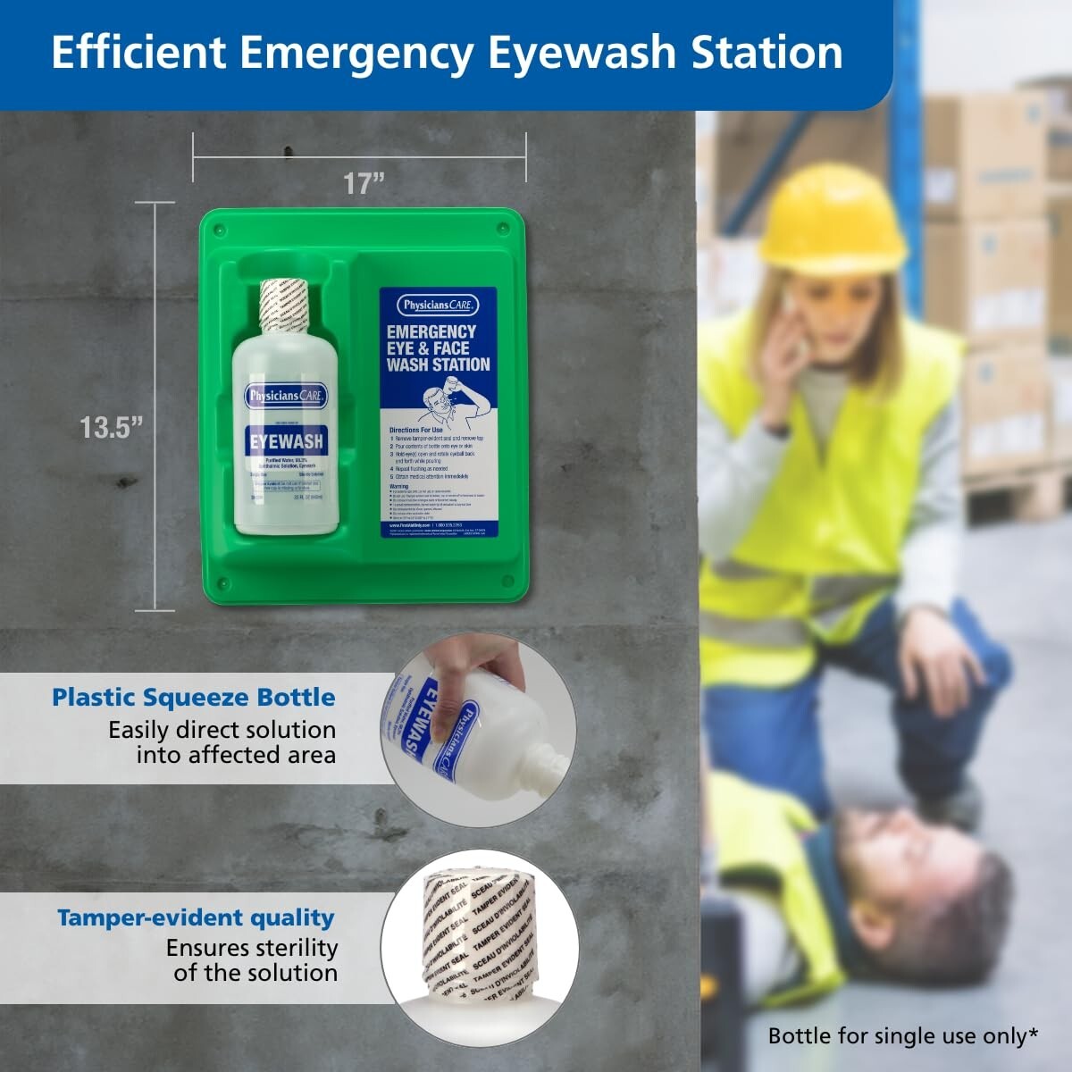 Emergency Wall-Mounted Eyewash Solution, 32oz Sterile Formula for Quick Relief