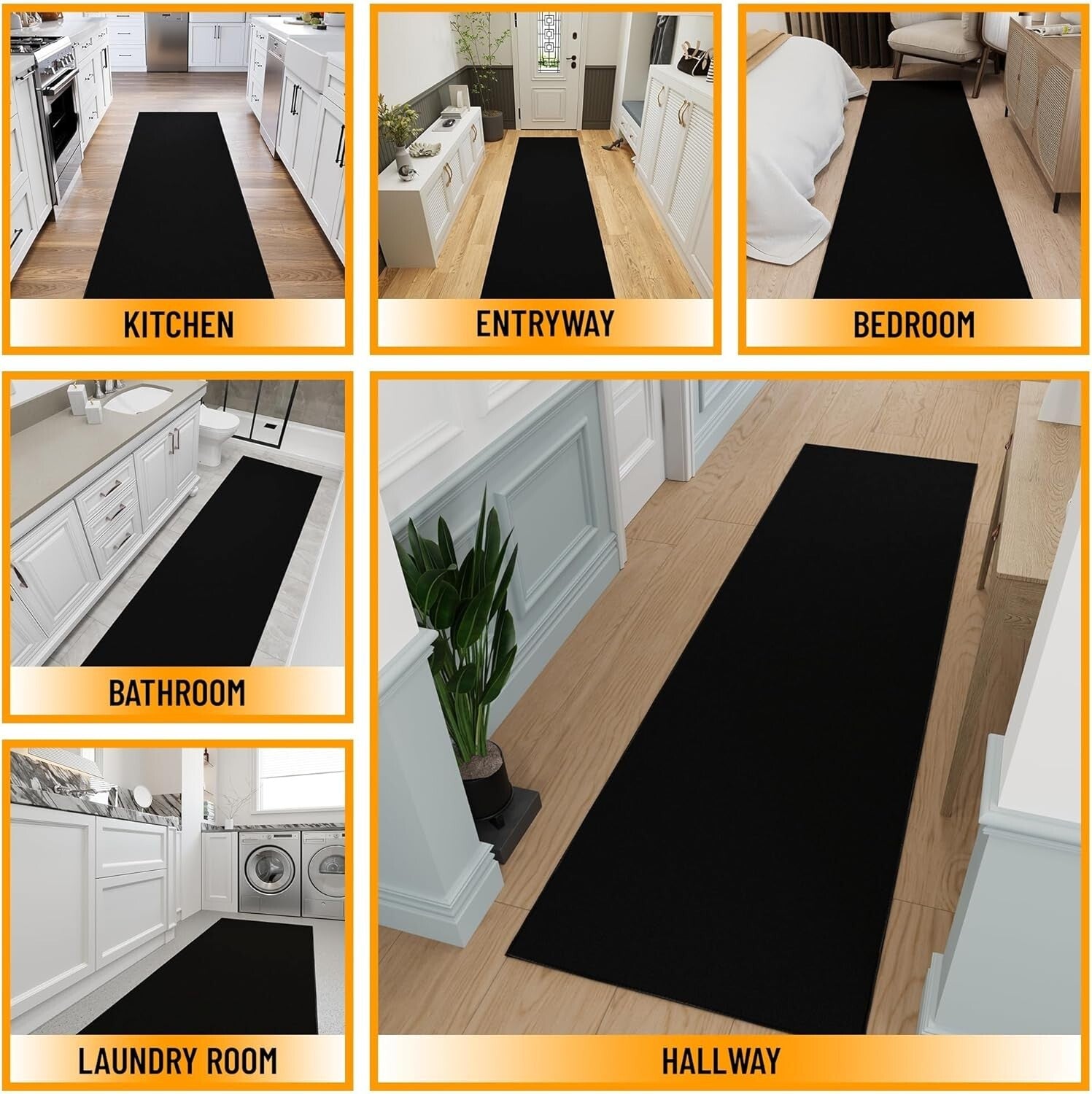 Durable Low Pile Runner Rug - Machine Washable, Non-Slip, 2'7" x 12' in Black
