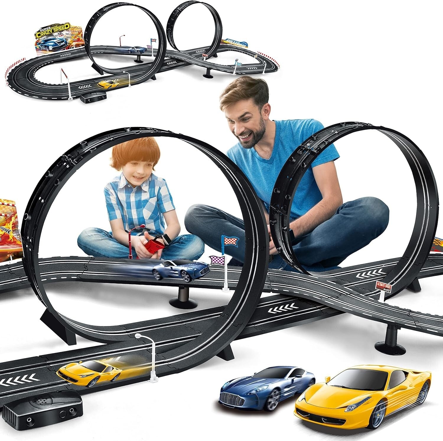 Kids Electric Slot Car Racing Set - Includes 2 Cars, Loop, and Fly-Over Track