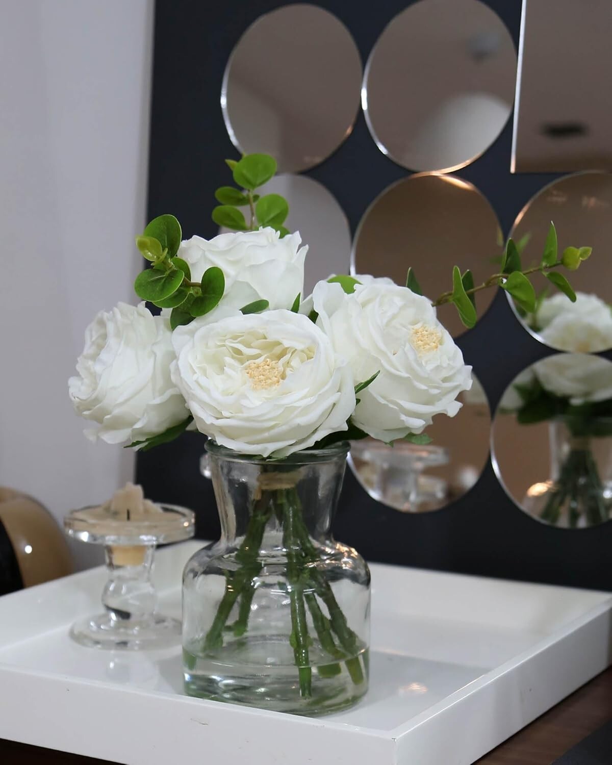 Elegant Artificial White Roses with Glass Vase - Lifelike Table Centerpiece