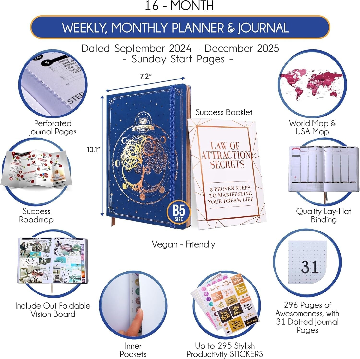 Deluxe 2025 Life Planner with Vision Board & Habit Trackers - B5 Sized Organizer