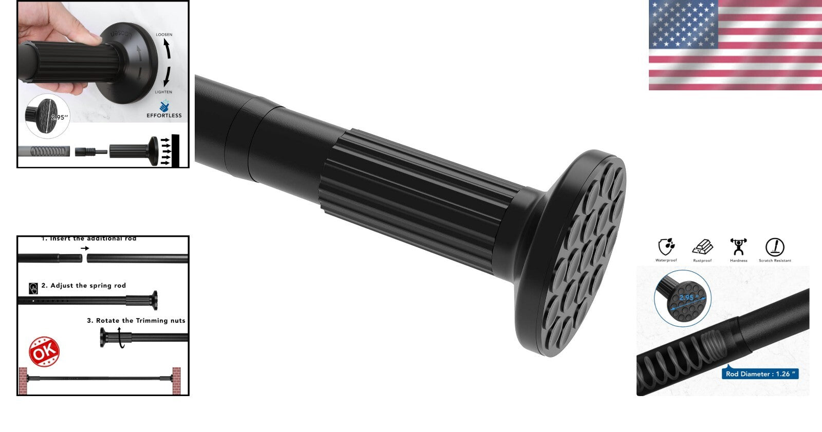 Durable 1.26 Inches Tension Rod for Shower, 51-165 Inches, Easy No-Drill Install