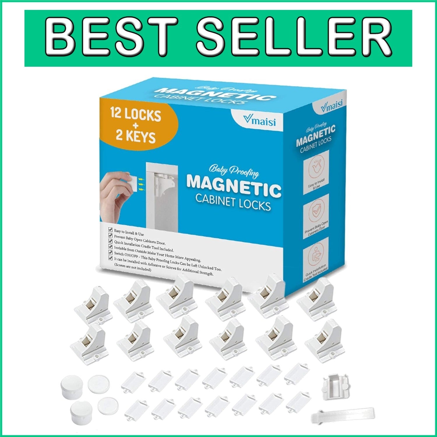 Efficient Childproofing: 12 Adhesive Magnetic Locks & 2 Key System for Cabinets