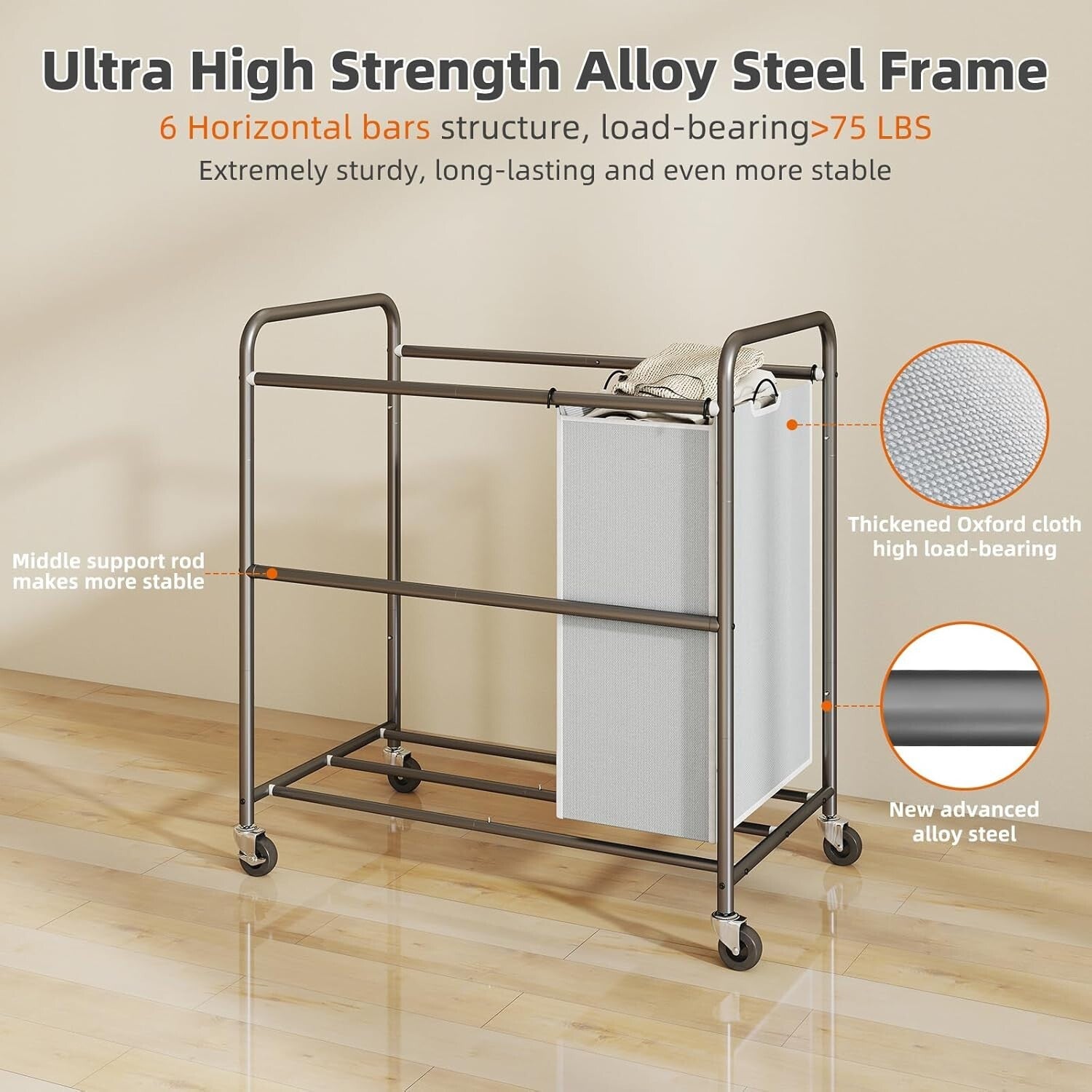 Gray Laundry Hamper on Wheels - 3 Compartments & Removable Bags for Easy Sorting