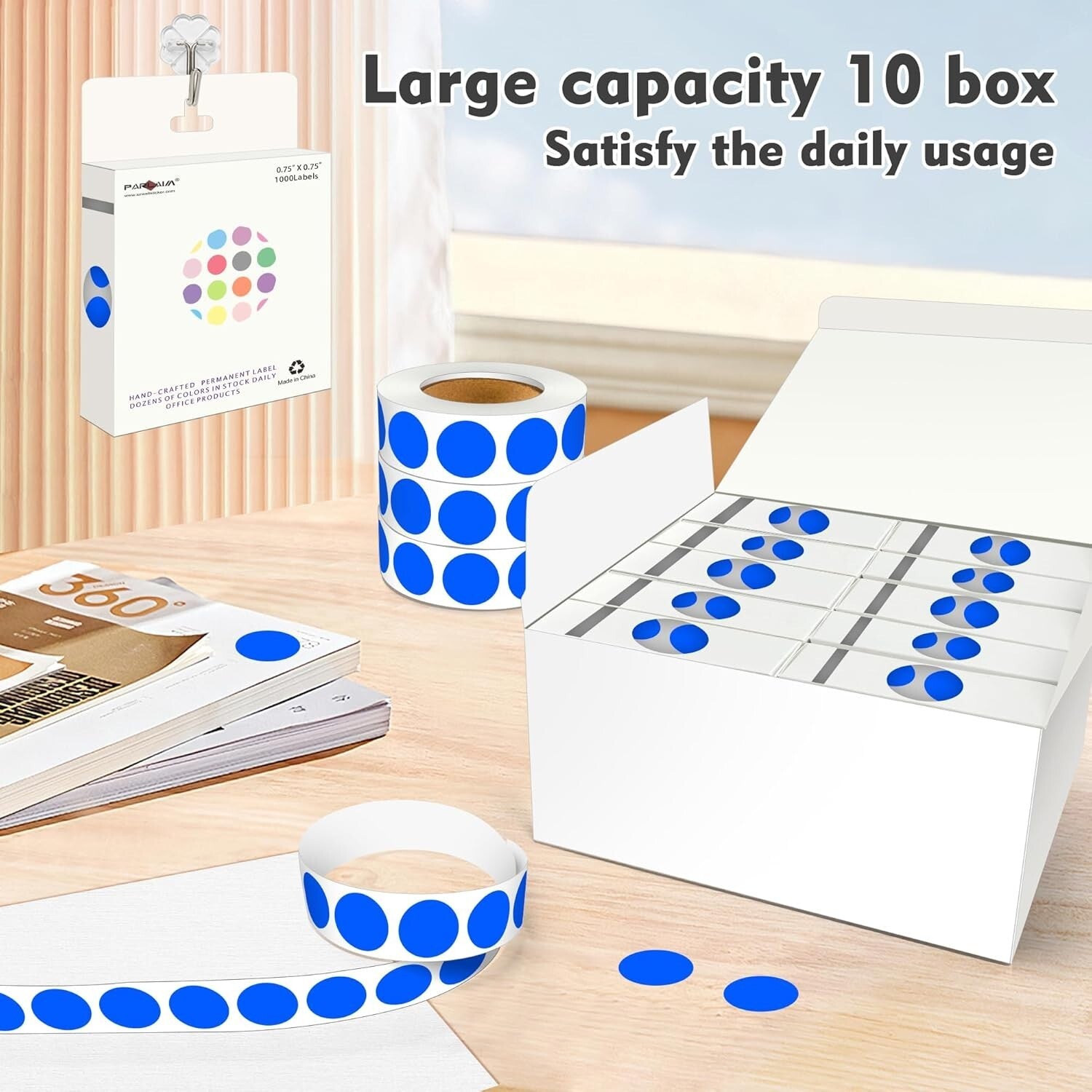 Efficient 3/4 Inch Color-Coding Blue Dot Stickers – 10 Rolls in Dispenser Box
