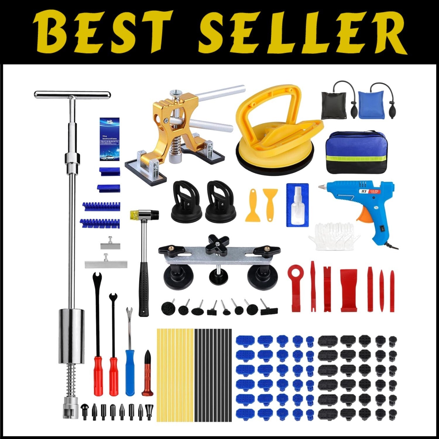 All-in-One Adjustable Dent Puller & T-Bar Slide Hammer - 129pc Auto Repair Kit