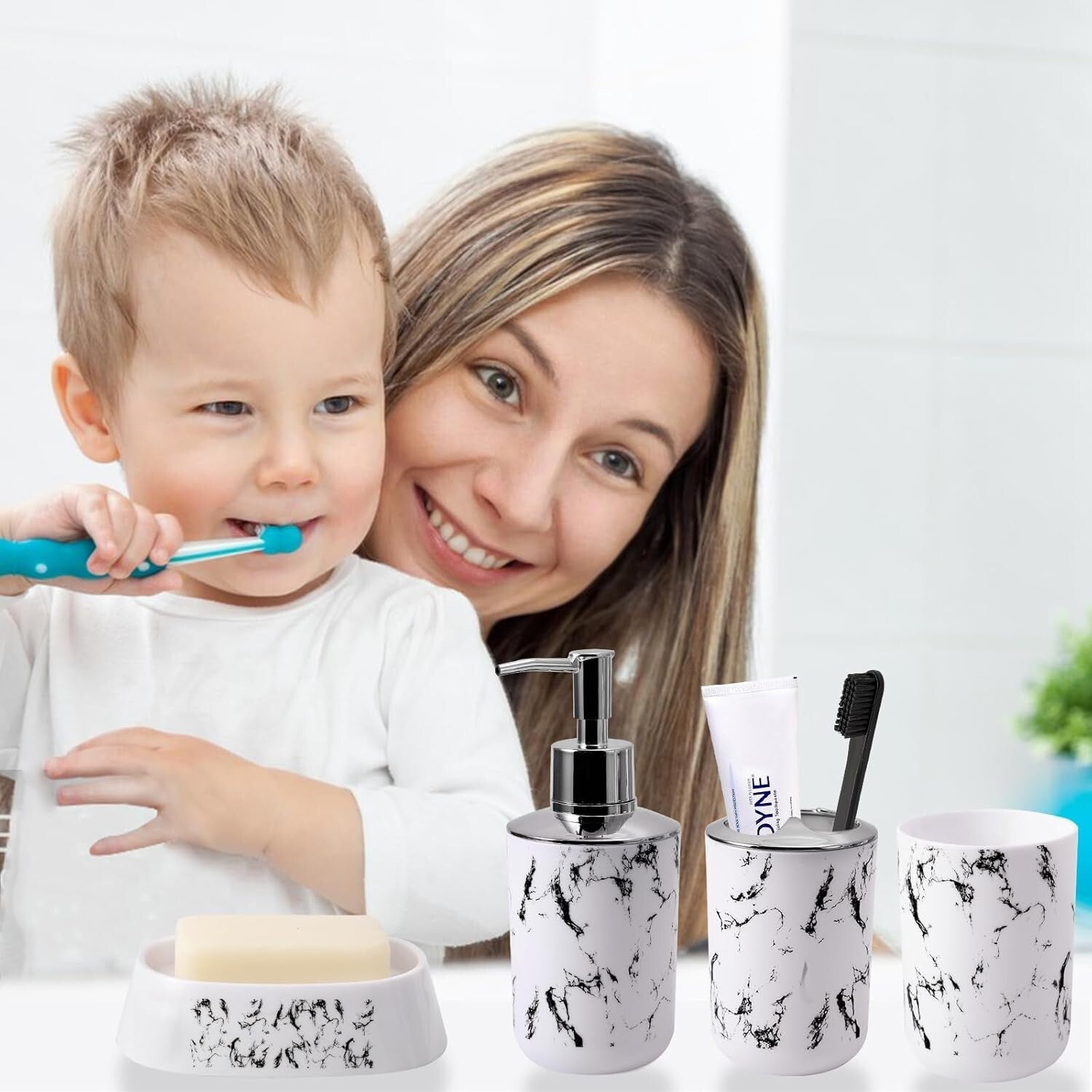 Complete White Marble Bathroom Collection - Trash Can, Soap Dispenser & More