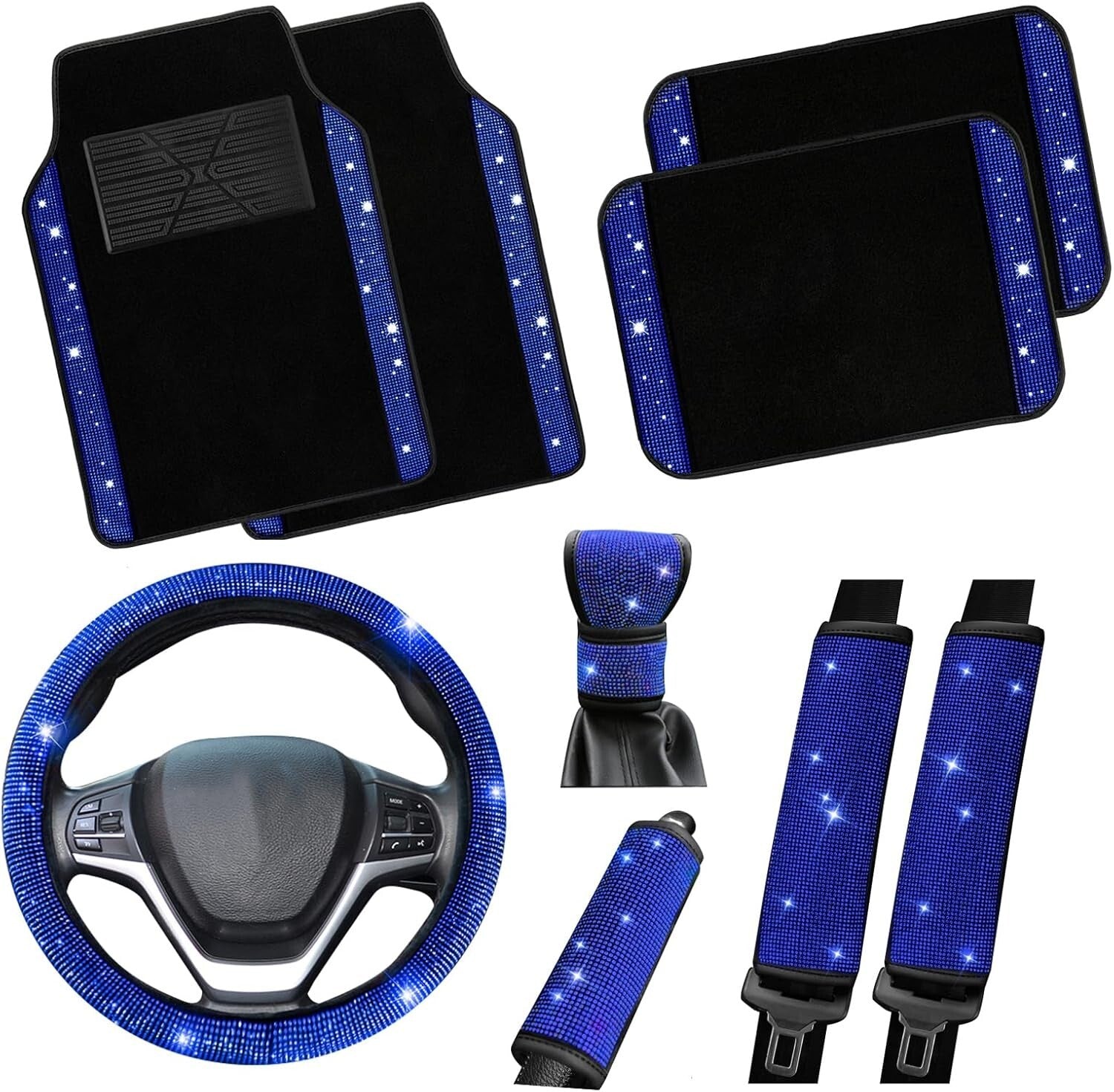 9-Piece Luxury Bling Car Accessory Set with Diamond Steering Wheel Cover