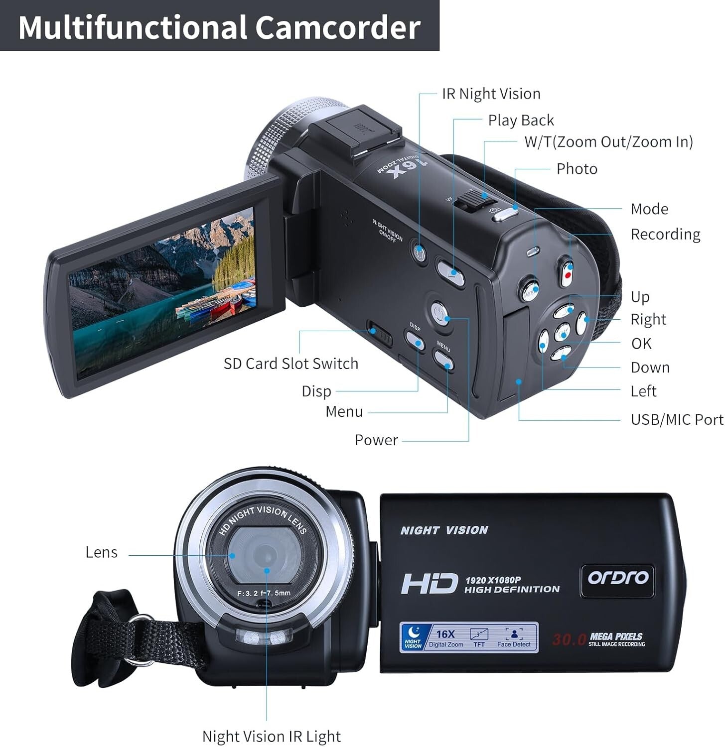 Infrared Night Vision 1080P Camcorder with 16GB Memory - Perfect for Adventurers