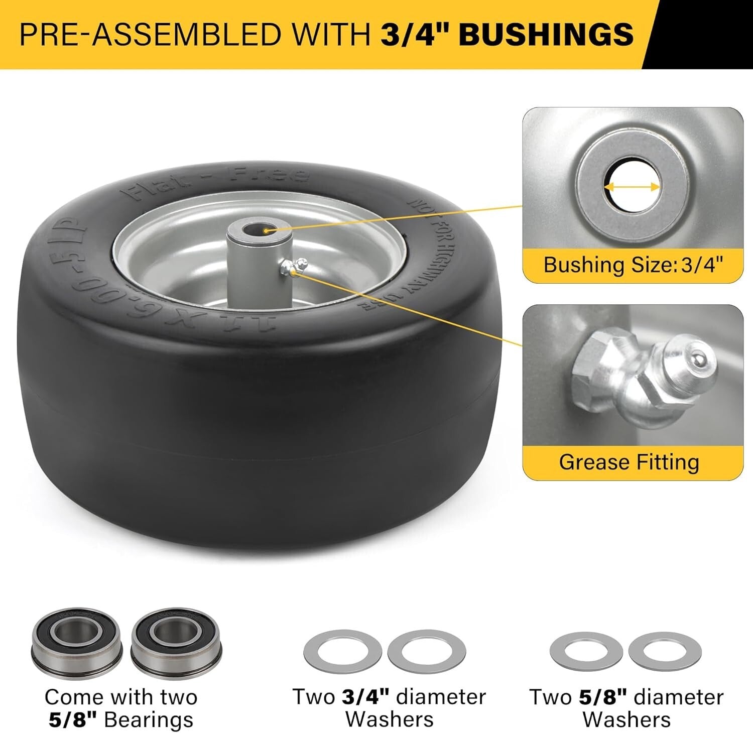Durable 11" x6.00-5" Flat Free Tire for Zero Turn Mowers with Extra Adapters