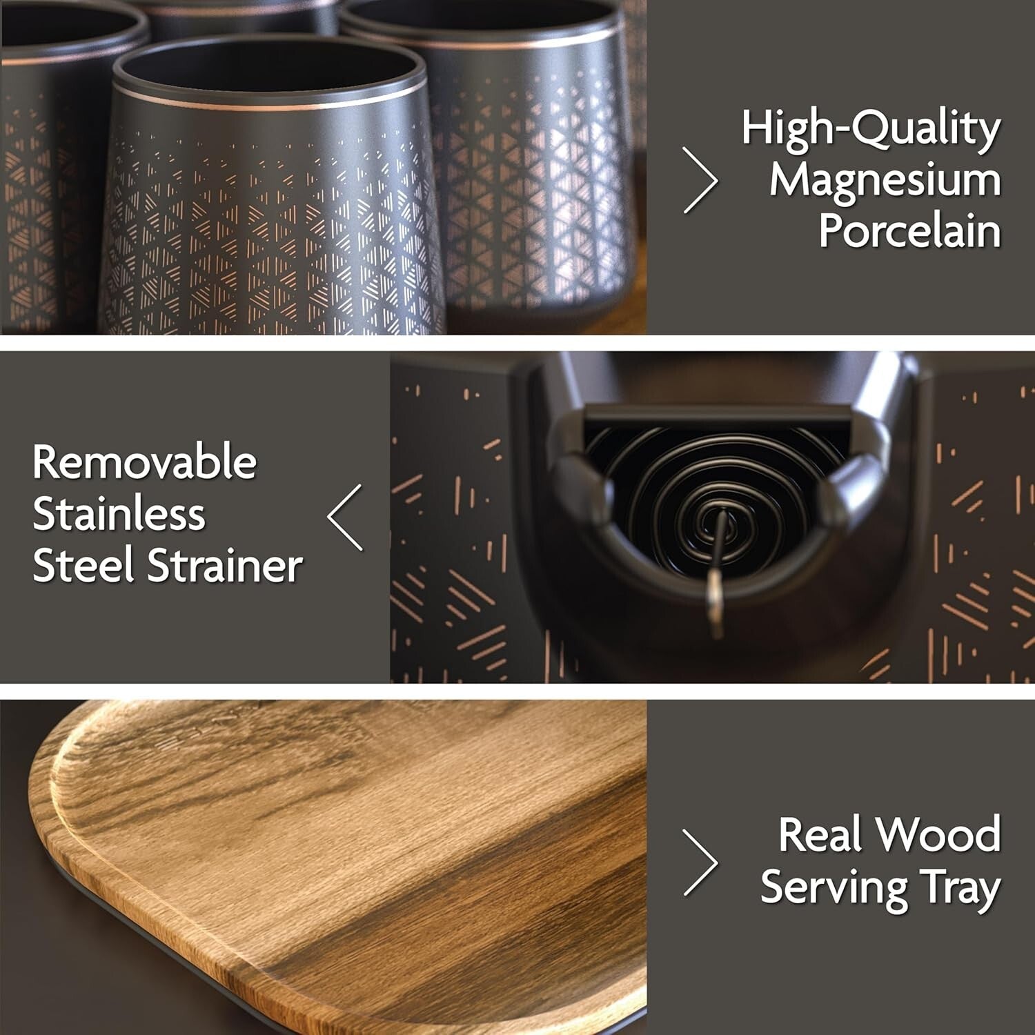 Deluxe Electric Kettle with Tea Infuser, Ceramic Teapot & Cups on Wood Tray