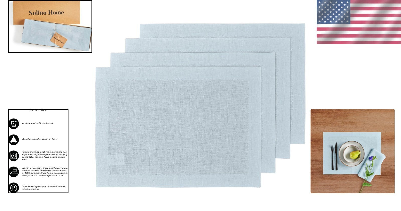 Chic Handmade Linen Placemats - 14x19 Inch Ice Water Color, Easy Care Set of 4
