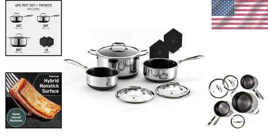Stainless Steel Nonstick Pot Set with Glass Lids & Silicone Trivets - 8-Piece