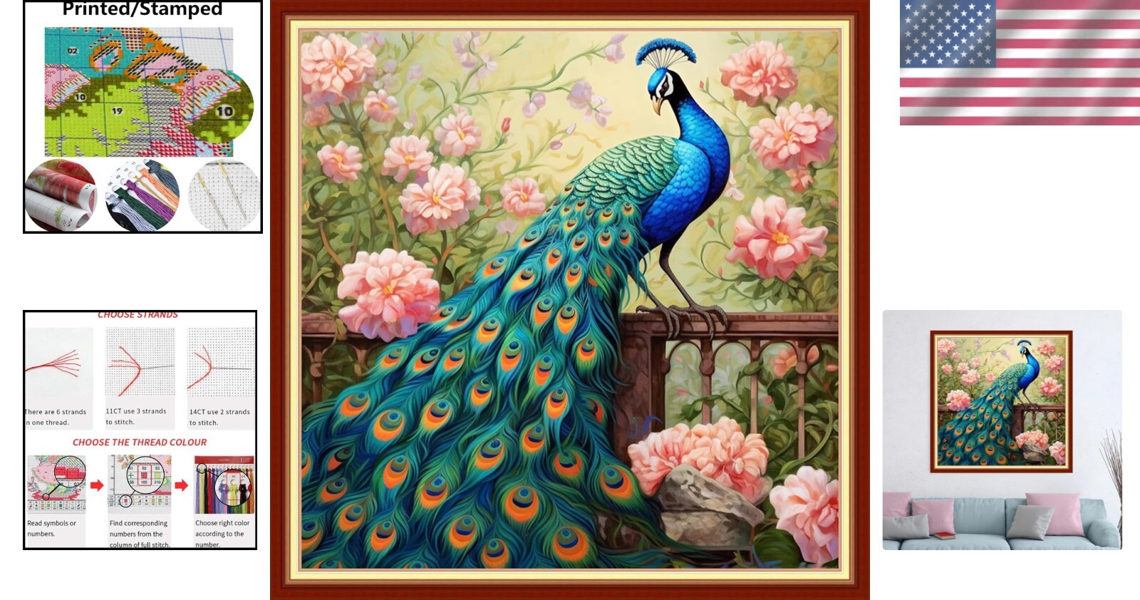 All-in-One Stamped Cross Stitch Kit - Auspicious Peacock 18x18 for Beginners