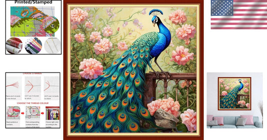 All-in-One Stamped Cross Stitch Kit - Auspicious Peacock 18x18 for Beginners