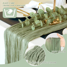 Load image into Gallery viewer, Sage Green Cheesecloth Table Runner 10ft for Elegant Weddings &amp; Celebrations